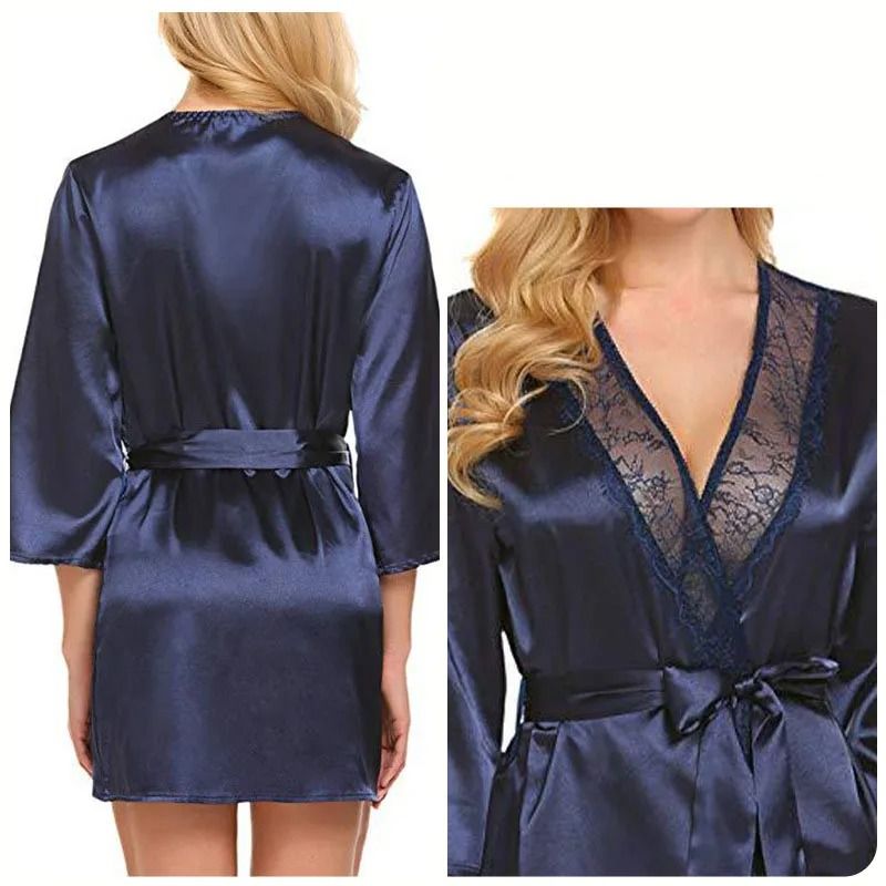 Elegant Lace Satin Robe Sexy Nightgown Kimono Lingerie Sleepwear for Women
