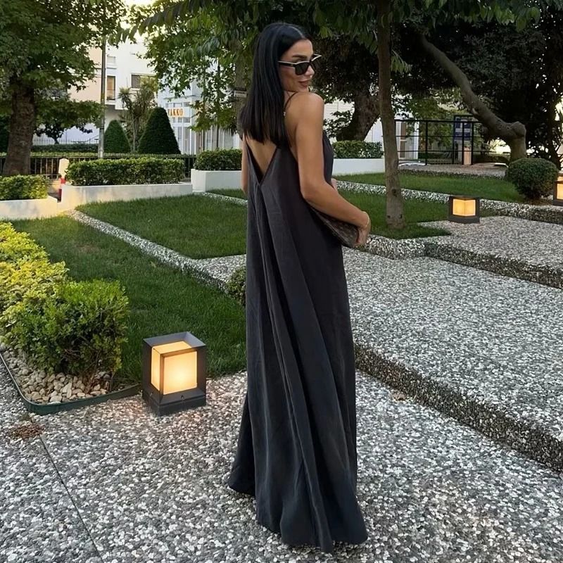MUJER Black Slip & Red Draped Backless Maxi Dress