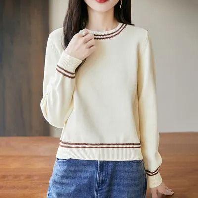 Autumn Winter Women Pure Cotton Knitted O-Neck Pullover Sweater