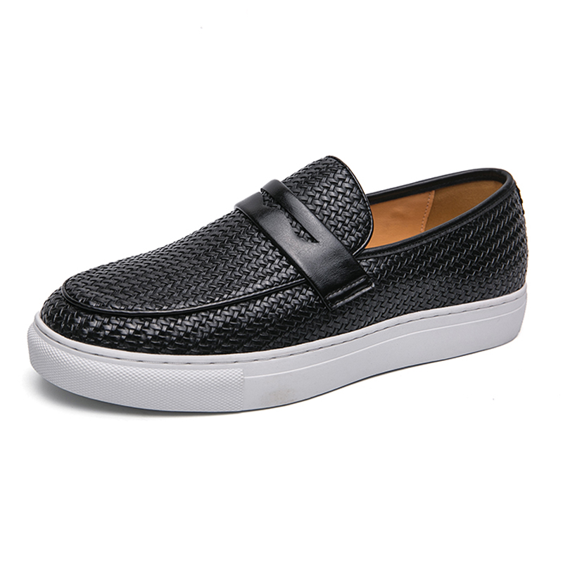 Men's Slip On Loafers, Soft Leather Shoes, Weave Pattern Sneakers, Casual Flats