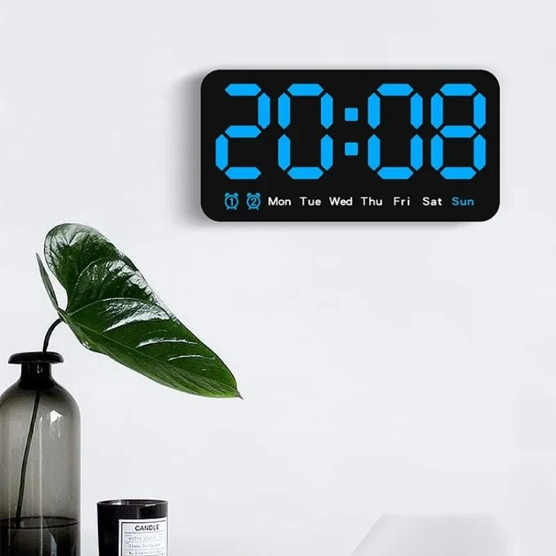 Voice Control Digital Wall Clock Large LED Display with Temperature and Dual Alarm