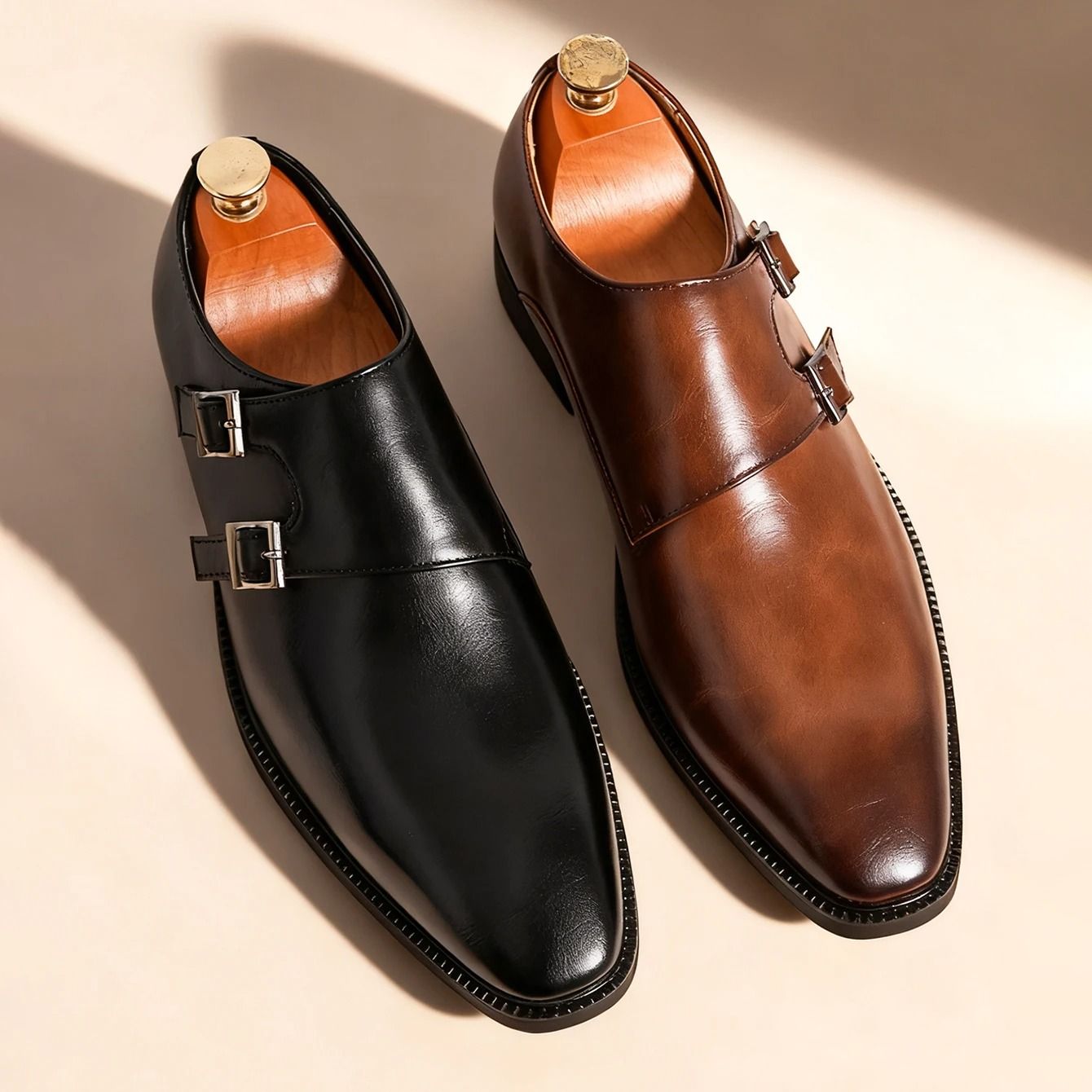 Classic Retro Monk Strap Leather Shoes for Men with Pointed Toe and Buckle Comfortable Business and Wedding Oxfords