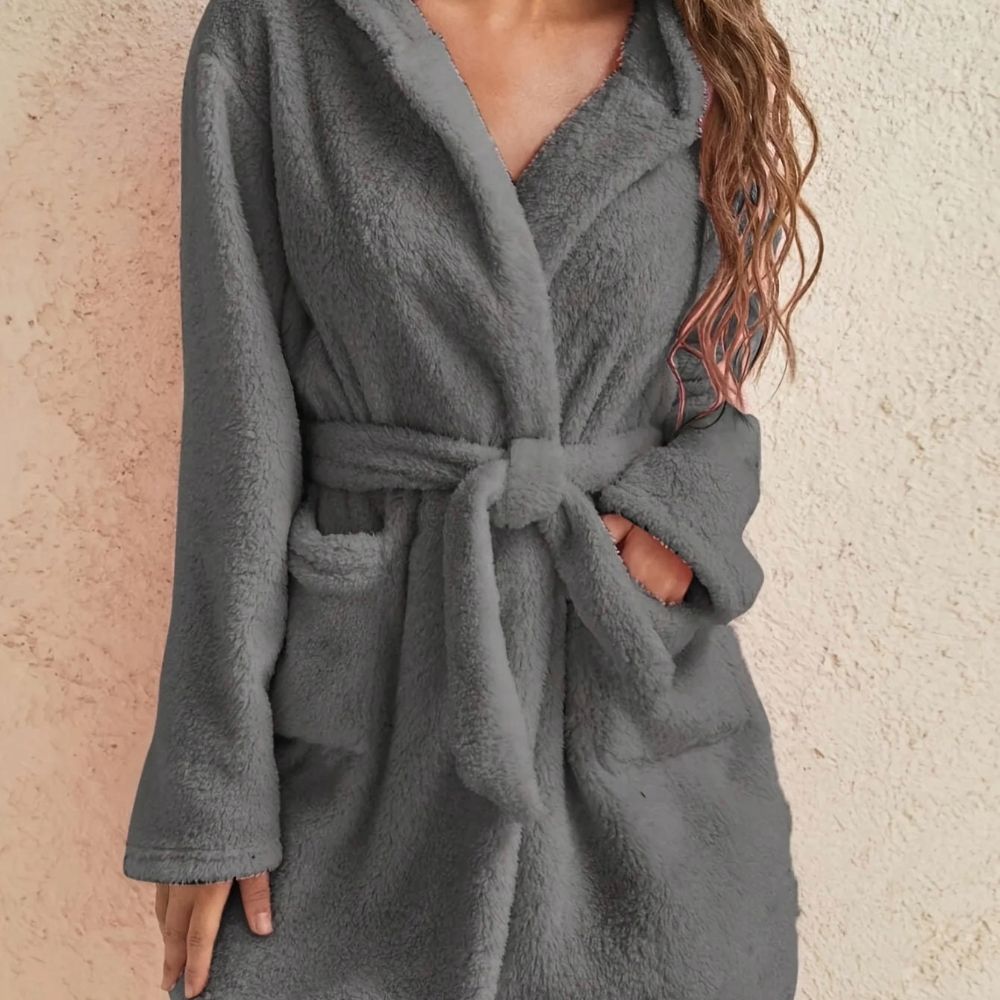 Womens Hooded Fleece Robe with Belt Cozy Autumn Winter Loungewear
