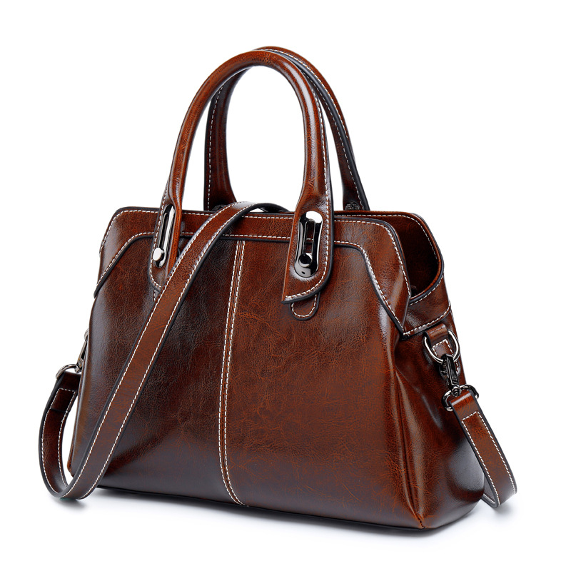 Genuine Leather Women's Handbag, Top Handle, Shoulder, Crossbody Bag, Fashion Oil Wax Cowhide Messenger Tote