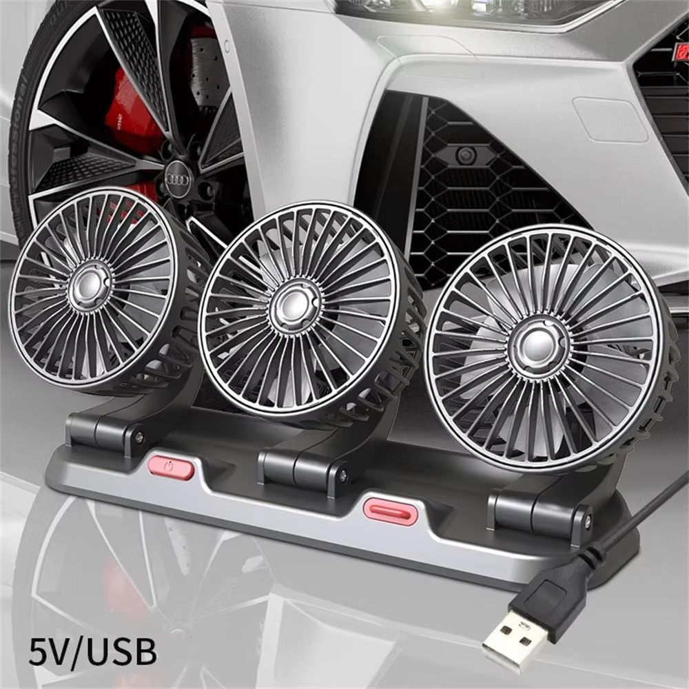 360° Adjustable Triple-Head Car Fan 2-Speed USB/12V/24V Silent Air Circulation Fan