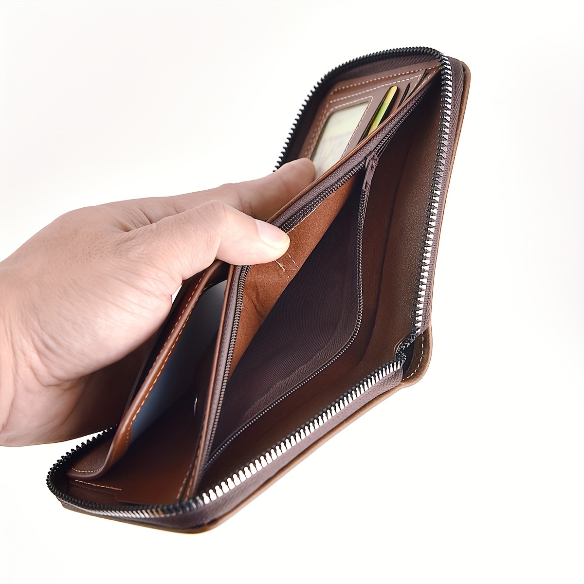 PU Wax Oil Skin Men's Wallet Slim, Durable Card Holder with Zipper Coin Purse