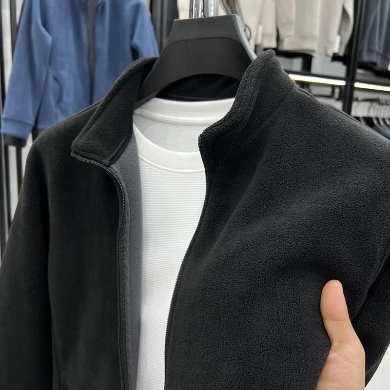 Mens Double Sided Fleece Hoodie Jacket with Stand Collar