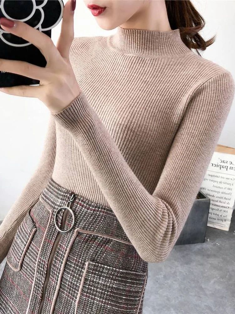 Women's Mock Neck Knit Sweater – Slim Fit Vintage Korean Style Pullover