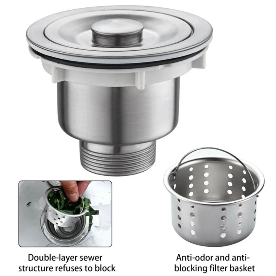 Kitchen Sink Drain Assembly with Basket Strainer & Stopper | Waste Plug Filter for Basin Drain Anti-Clog Accessory