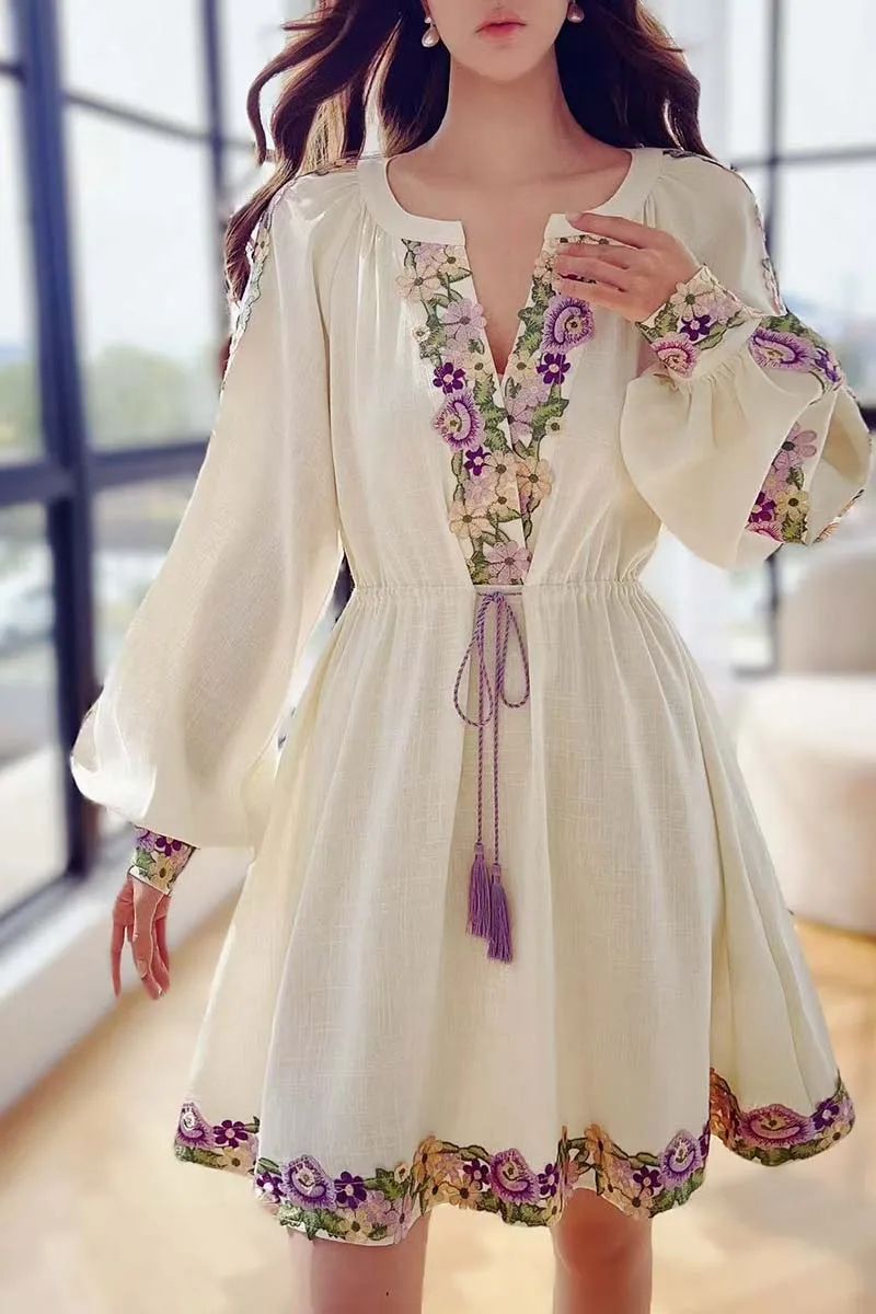 Embroidered Chiffon Dress with Lantern Sleeves – Elegant Beach Style Dress Knee-Length Y2K Spring Dress