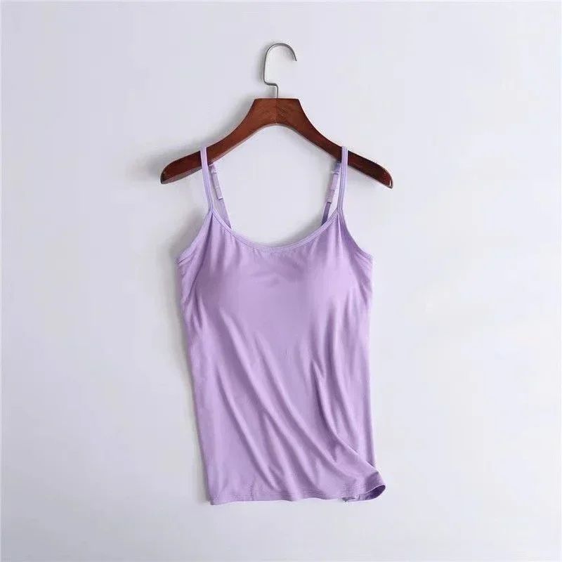 Womens Solid Padded Spaghetti Strap Cami – Built-In Bra Sexy Slim Tank Top 2024