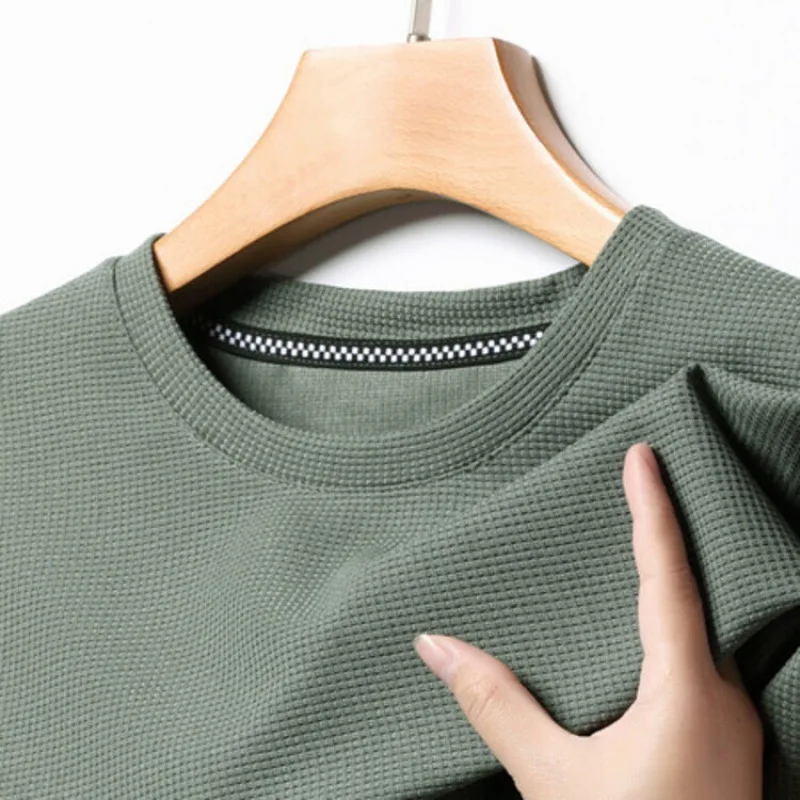 Mens Short Sleeved Polo Shirt Waffle Solid Cotton Top Fashion Splicing Round Neck T-shirt