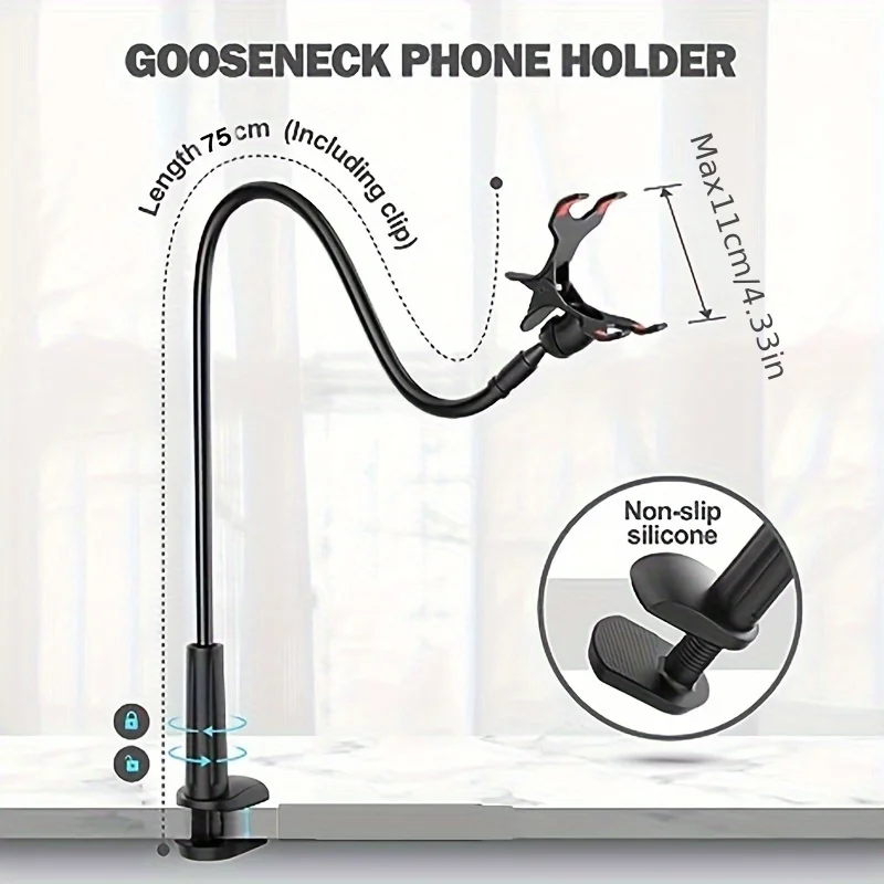 Phone Clip Holder with Grip Flexible Long Arm Gooseneck Lazy Mount Clamp Stand