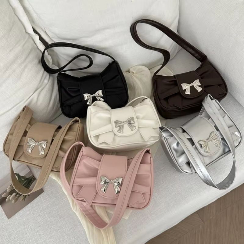 Elegant Bow Underarm Shoulder Bag for Women Soft PU Leather Commuting Purse