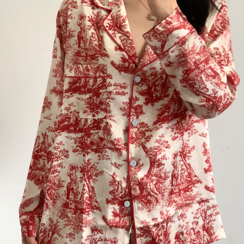 Women Sleepwear Spring Summer, Fashion Print Flower Pajamas Set, Trouser Suits Lounge Wear Loose Satin, Homewear Pijamas