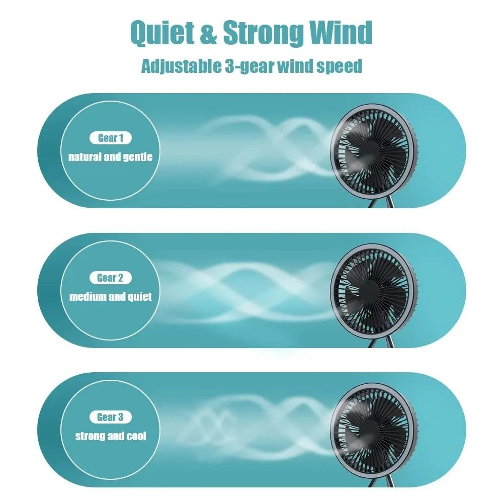 10000mAh Rechargeable Camping Fan with LED Light and Power Bank Portable Desk and Hanging Fan