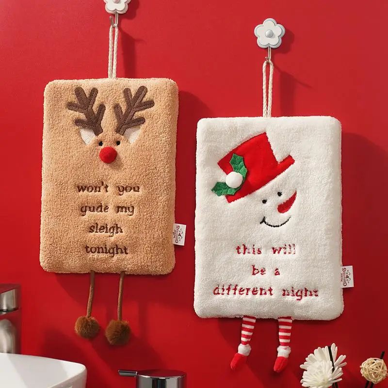 Christmas Cartoon Hanging Hand Towel – Thick Coral Fleece Absorbent Kitchen & Bathroom Cloth