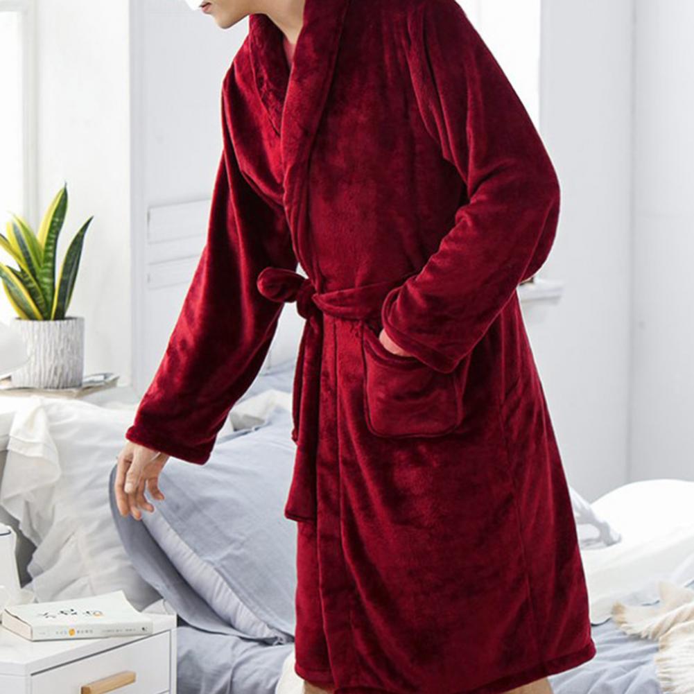 Men Medium-Length Home Bathrobe Sleepwear, Plush Flannel Winter Bathrobe with Belt, Soft Bathrobe Lady