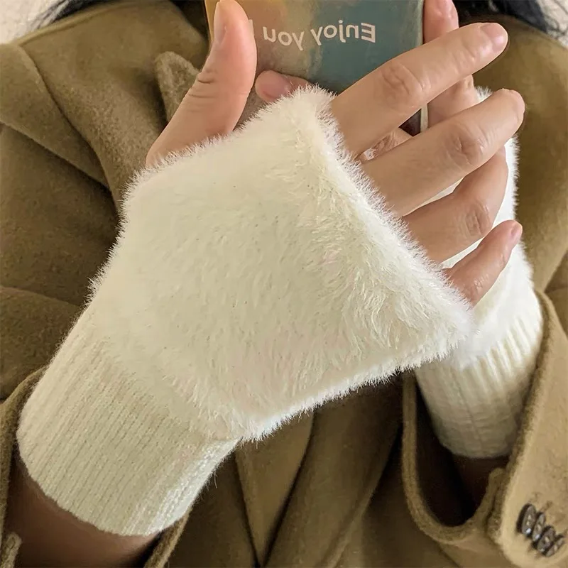 Soft Winter Half Finger Gloves for Women Luxury White Plush Knitted Fingerless Wrist Mittens for Warmth & Comfort