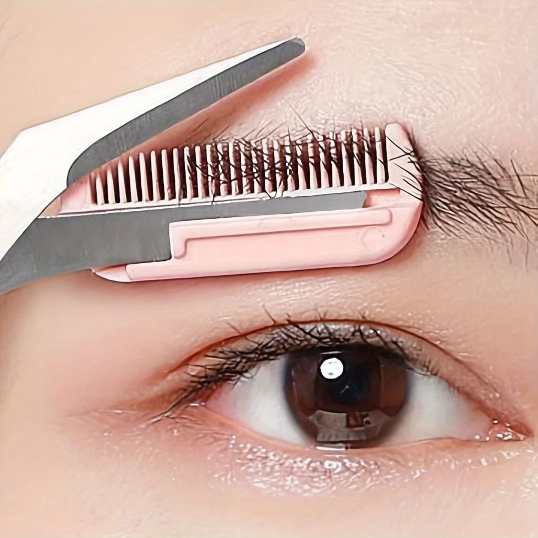 Pink Eyebrow Trimming Scissors with Built in Comb Stainless Steel Precision Grooming Tool