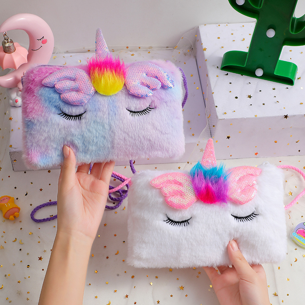 Children's Plush Crossbody Bag, Plush Unicorn Square Squint Shoulder Bag for Kindergarten Girls, Cartoon Zero Wallet