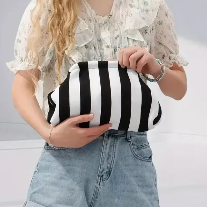 Women's Knit Stripe Crochet Dumpling Clutch Bag