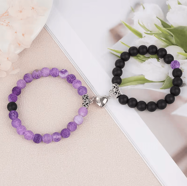 LavaLove 2-Pcs Beaded Couple Bracelets Set – Natural Stone Heart Magnetic Distance Bracelets Gift