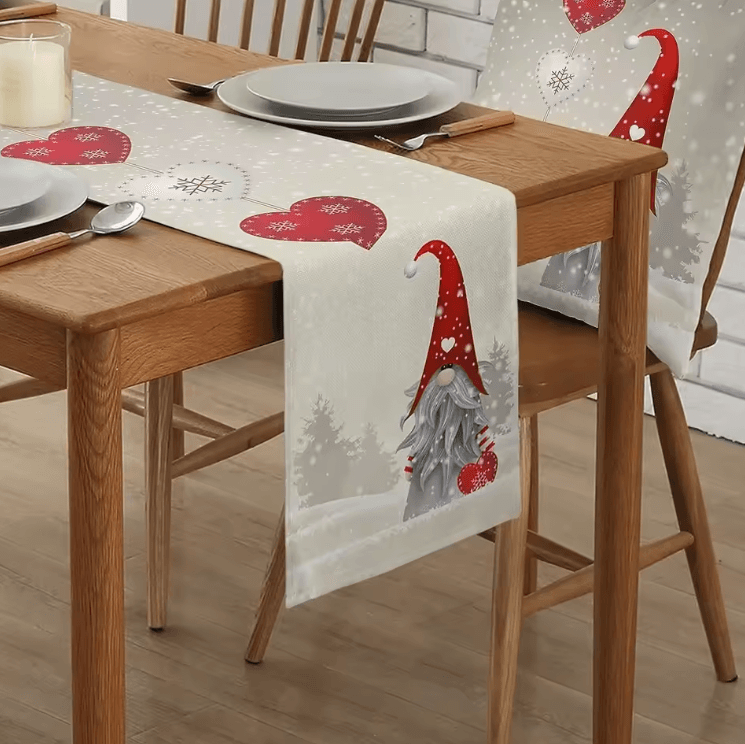 Christmas Gnome Snowflake Linen Table Runner – Festive Farmhouse Holiday Table Decor