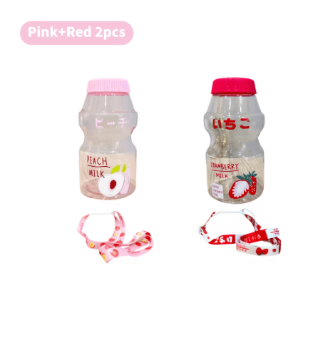 480ml Kawaii Milk Carton Water Bottle Cute Plastic Drinking Bottle with Cup and Strap