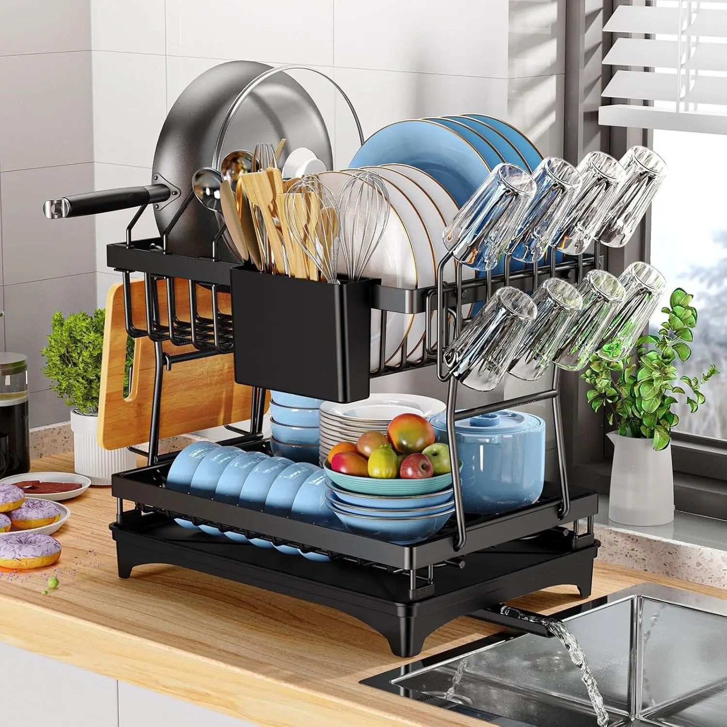 2 Tier Dish Drying Rack with Drip Tray Countertop Kitchen Organizer