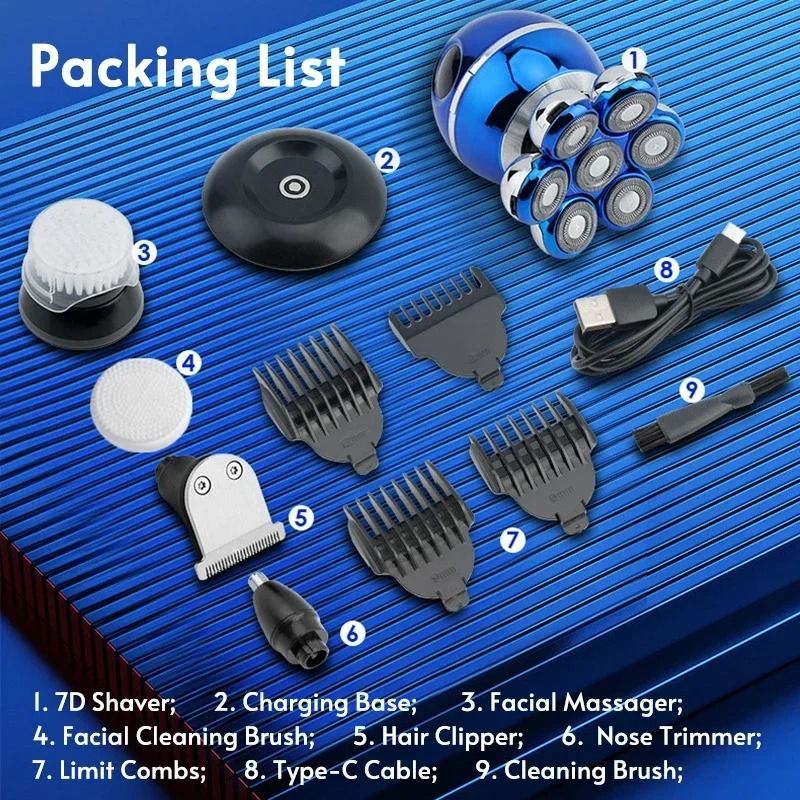 Newest 5 in 1 Electric Shaver 7D Floating Cutter Head Bald Hair Clipper with Wireless Charging