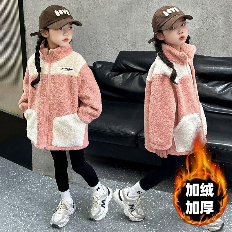 Girls Lamb Wool Winter Jacket Warm Velvet Lined Kids Padded Coat