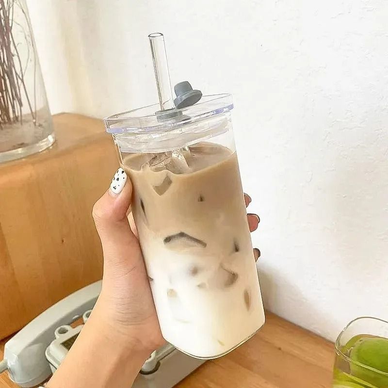 Square Heat Resistant Coffee Glass Cup | 400ml Minimalist Drinkware with Lid & Straw