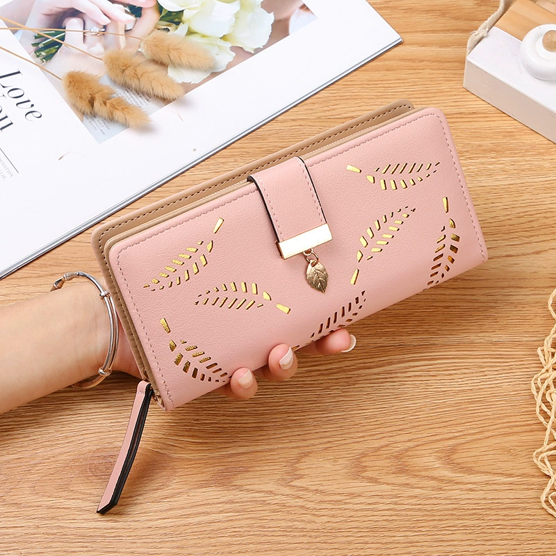 Sleek Womens Long PU Leather Wallet with Intricate Leaf Design, Large Capacity Cardholder Clutch