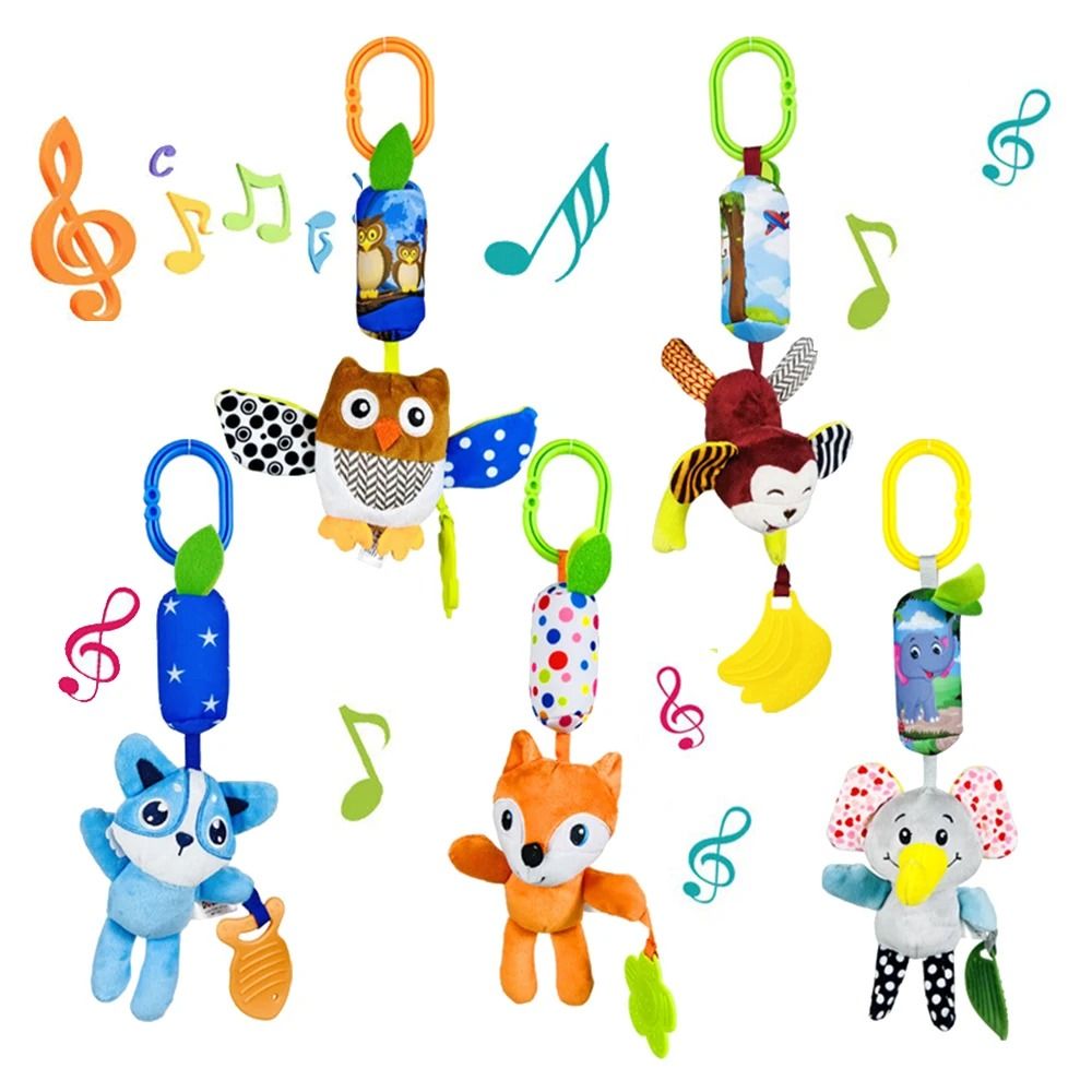Soft Animal Hanging Handbells Rattles Plush Sensory Toy with Teether for Newborn Gifts