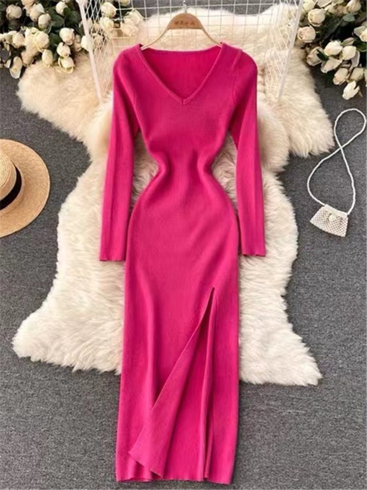 Female V-Neck Slim Slit Women's Sweater Dress, Tight-fitting Wrap Dresses