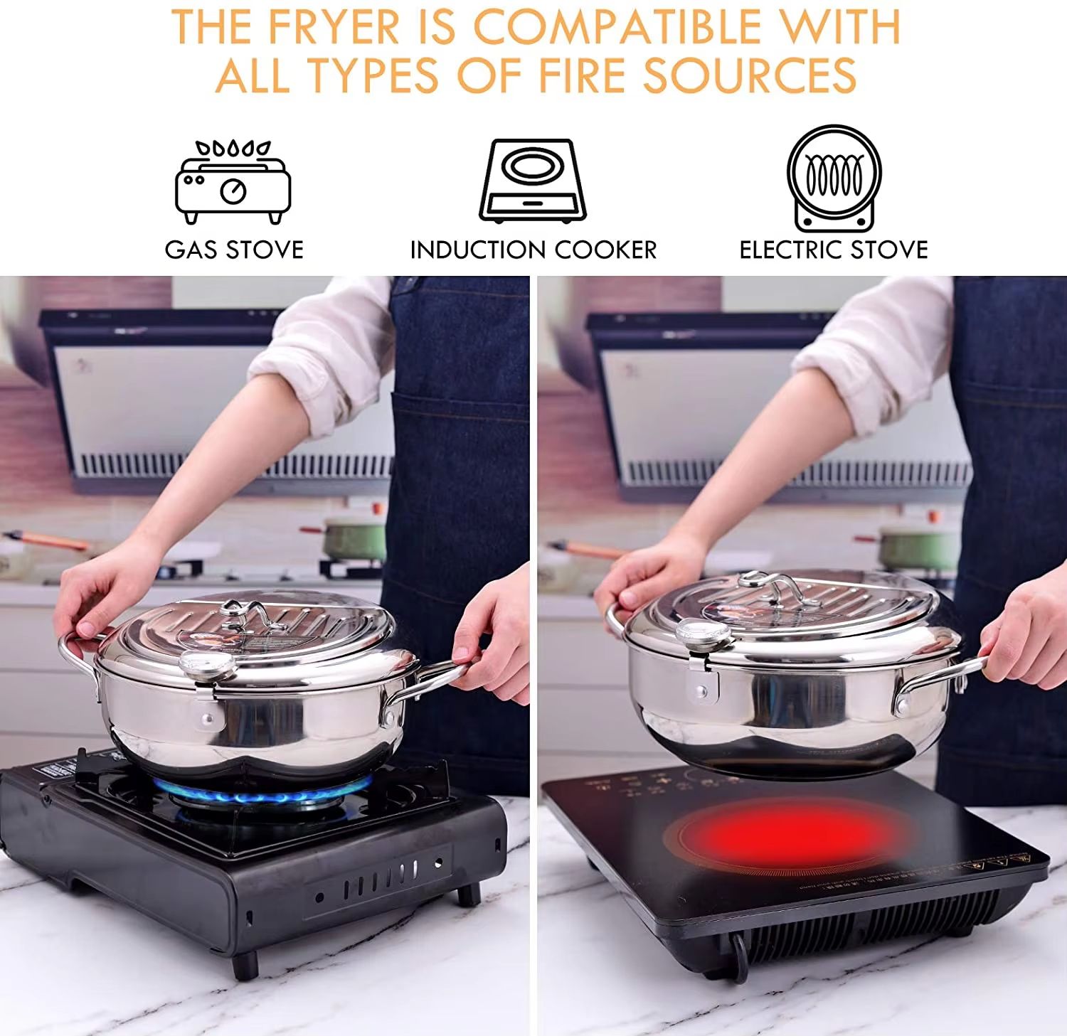 Japanese Stainless Steel Deep Frying Pot with Thermometer & Lid – Tempura Fryer Pan (20/24 cm)