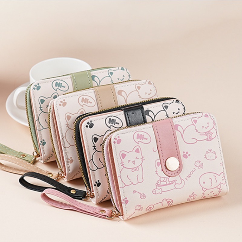 Everyday Playful Cat Mini Wallet Compact Zipper Multi Card Holder with Wrist Strap Lightweight Gift for Women and Tea
