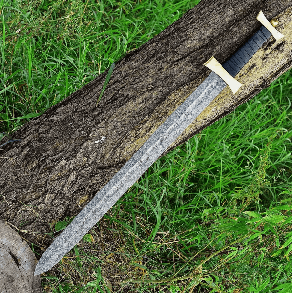 36-Inch Damascus Steel Viking Sword - Hand-Forged, Double-Edged Historical Replica
