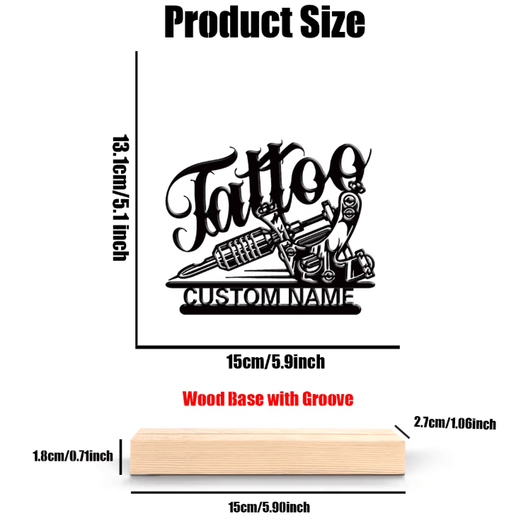 Personalized Tattoo Artist Metal Statue – Custom Desk Sculpture with Wooden Base