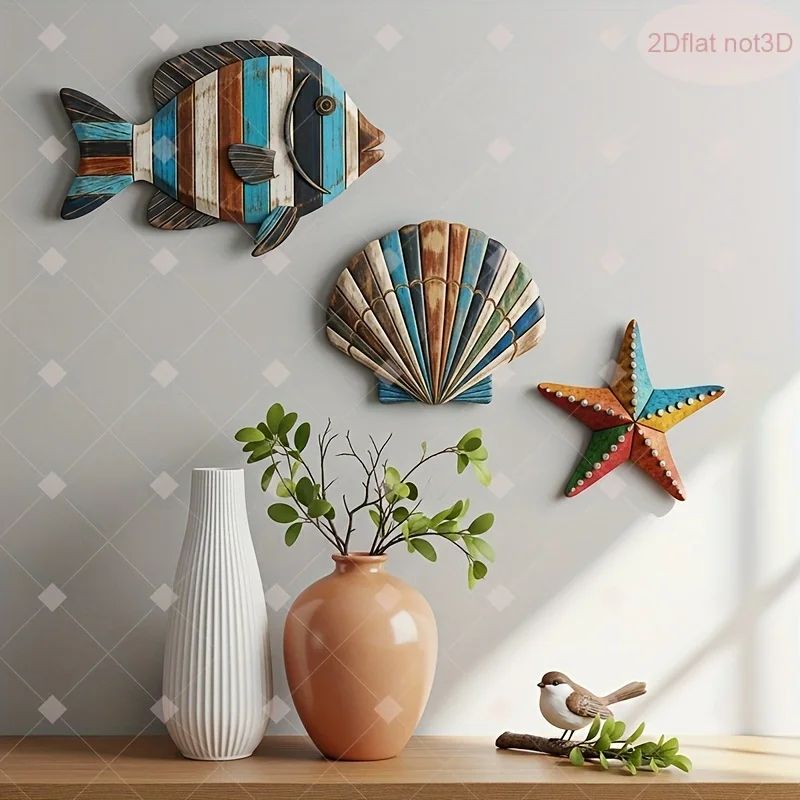 Coastal Ocean Wooden Decor Set – Colorful Sea Fish, Shell & Starfish Farmhouse Wall Accent