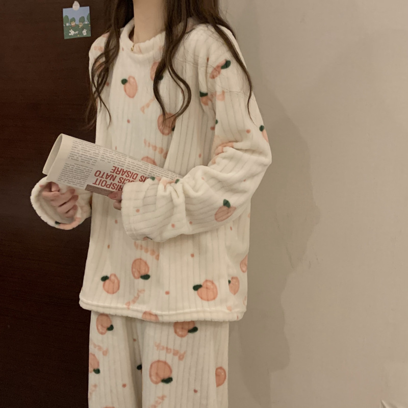 Flannel Women's Pajamas, Warm Fall and Winter Loungewear, Peach Sleepwear, Coral Velvet Nightwear