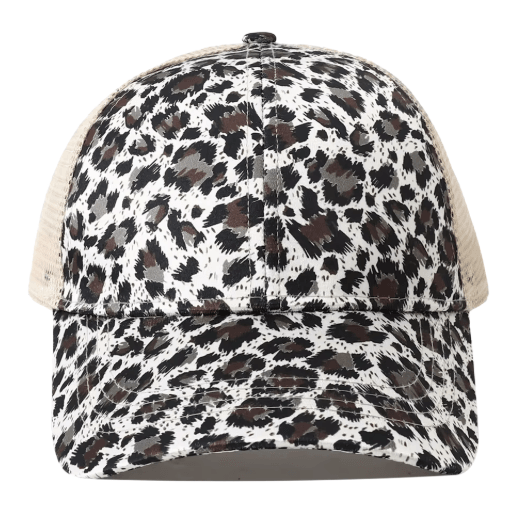Leopard Print High Ponytail Trucker Hat Breathable Womens Mesh Snapback Cap