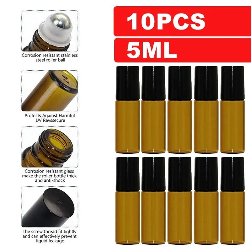 Amber Glass Roll On Bottle Set 10 Piece 5ml and 10ml Refillable Essential Oil Containers with Roller Ball