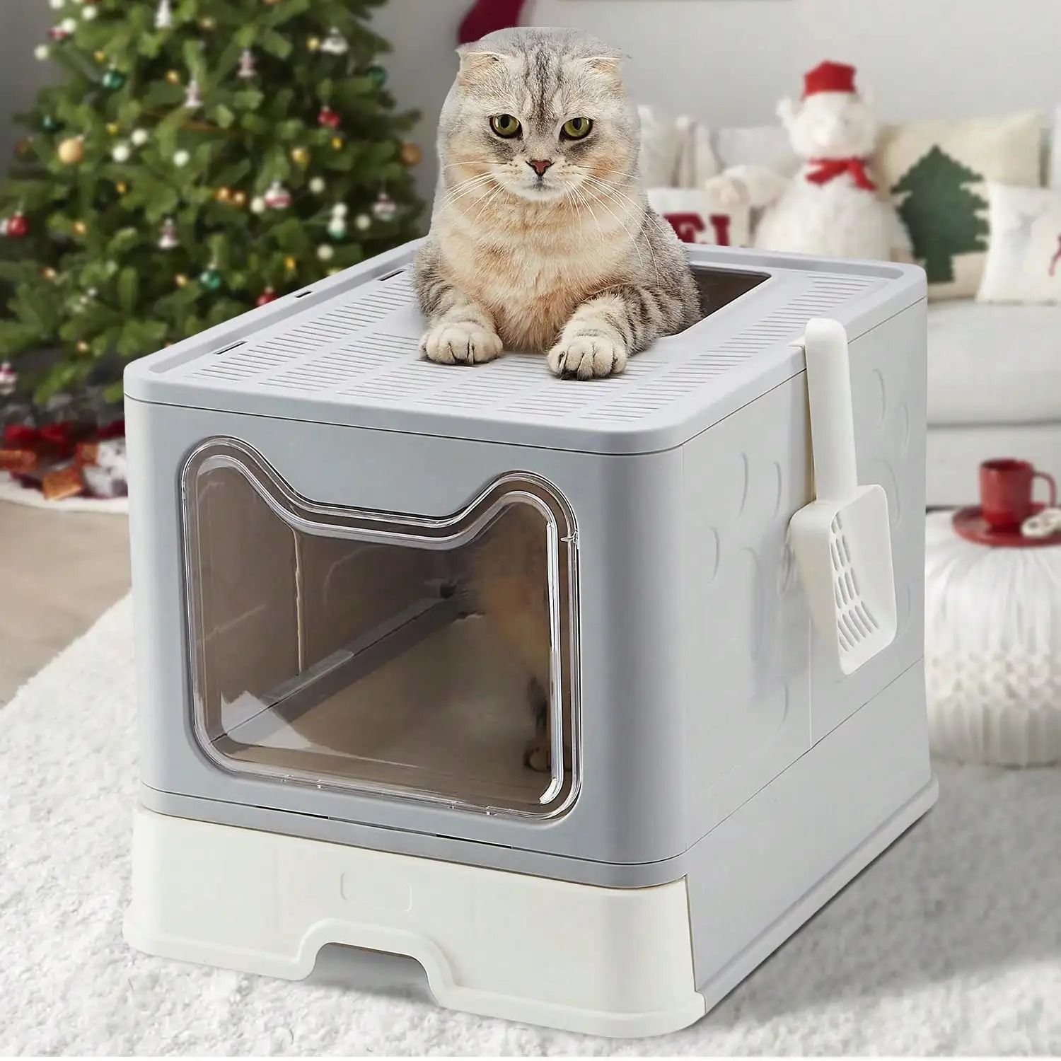 Foldable Cat Litter Box with Drawer and Scooper for Easy Cleaning