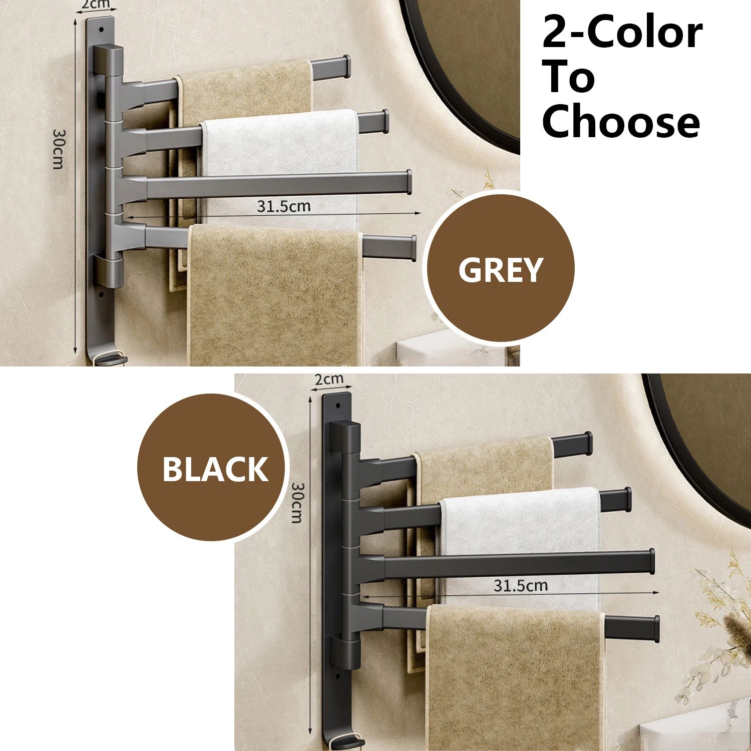 360° Rotating Aluminum Towel Rack Wall Mounted Space-Saving Multi-Bar Towel Holder