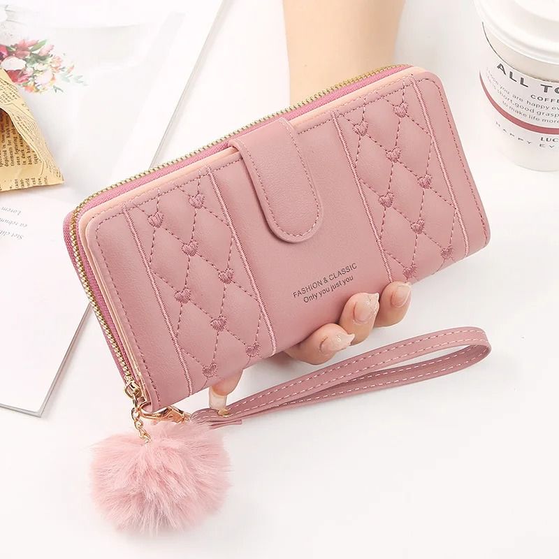 Womens Long PU Leather Wallet with Zipper and Wristlet