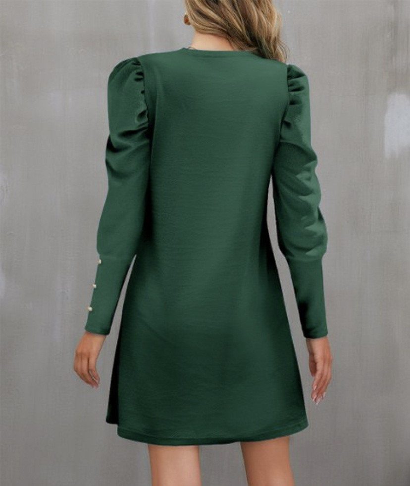 Spring and Autumn Round Neck Bubble Sleeve Dress, Button Decorative Long Sleeve Dress for Women Elegant Daily Wear