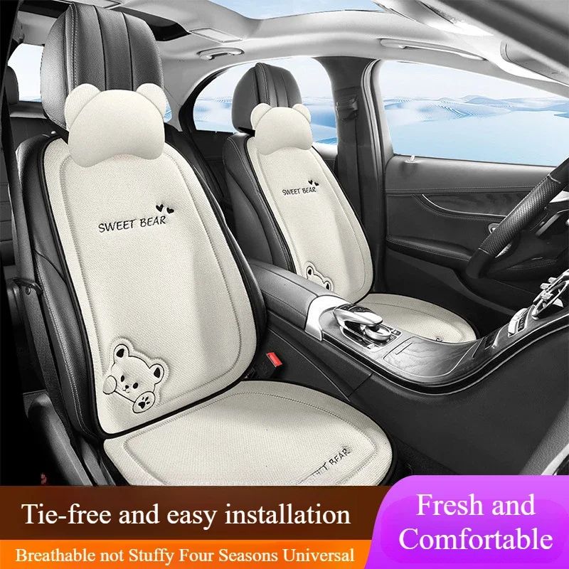 Luxury Cartoon Bear Linen Car Seat Cushion Cover Set – Anti-Slip Breathable Universal Fit for Front & Rear Seats