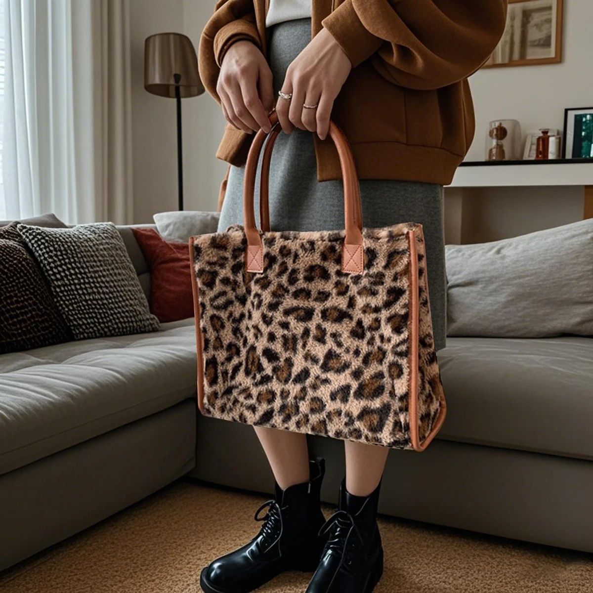 Yellow Leopard Print Plush Tote Bag for Women – Autumn Winter Fashion Shoulder Handbag, Soft Faux Fur Exquisite Everyday
